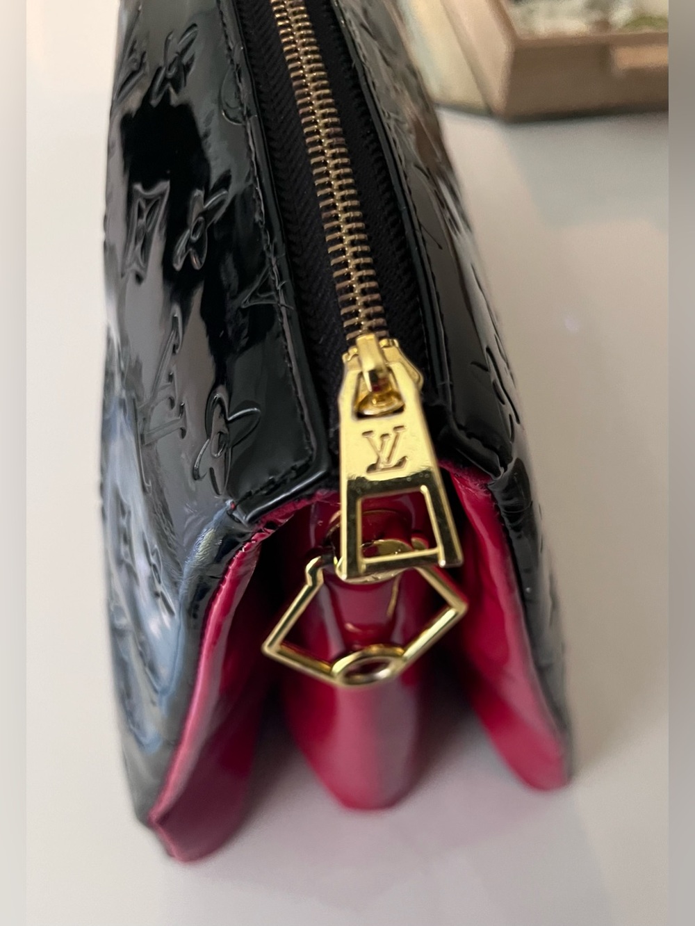 Monogramed Black Patent Leather Zip top 13x10 clutch with red Interior.